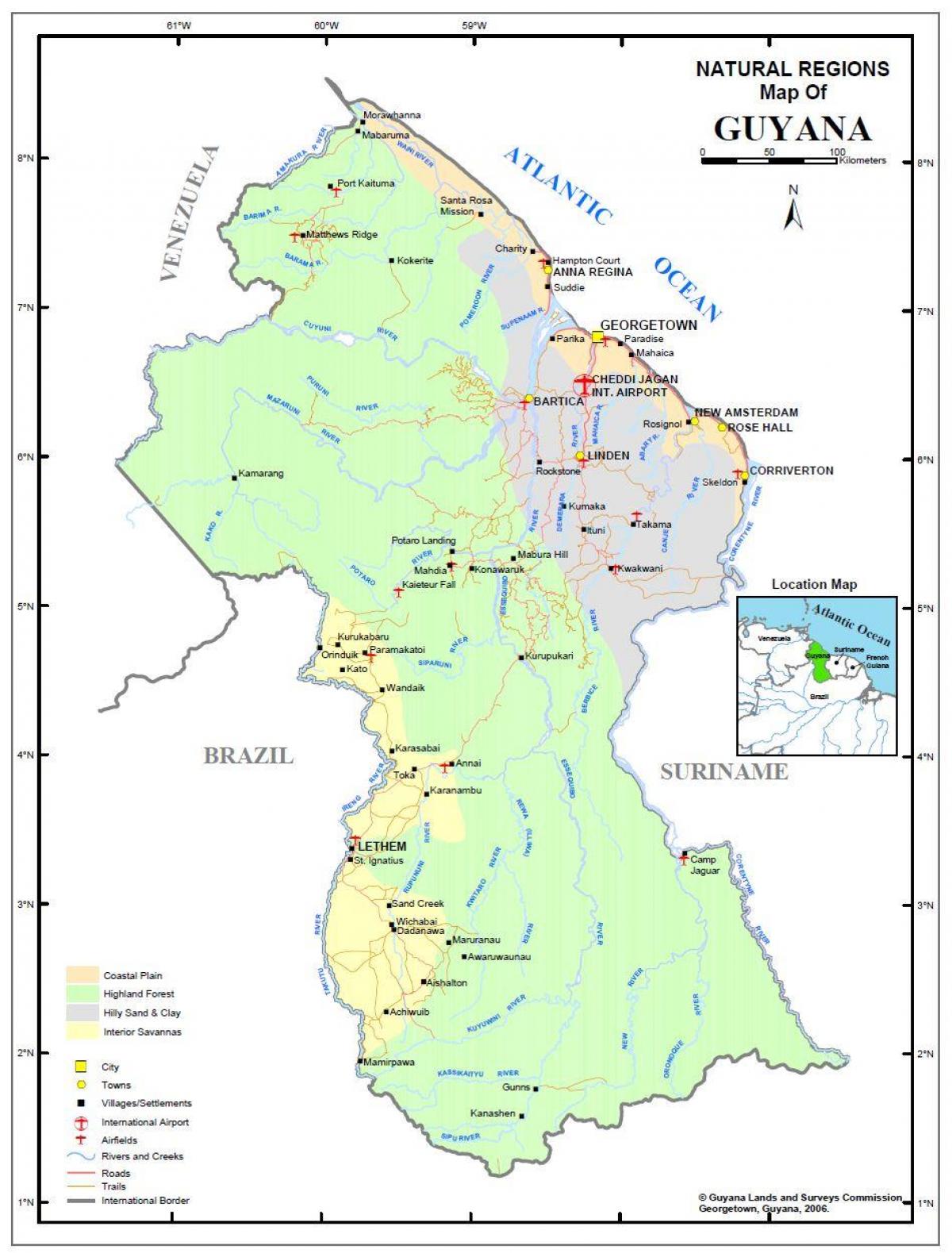 map of Guyana showing the 4 natural regions