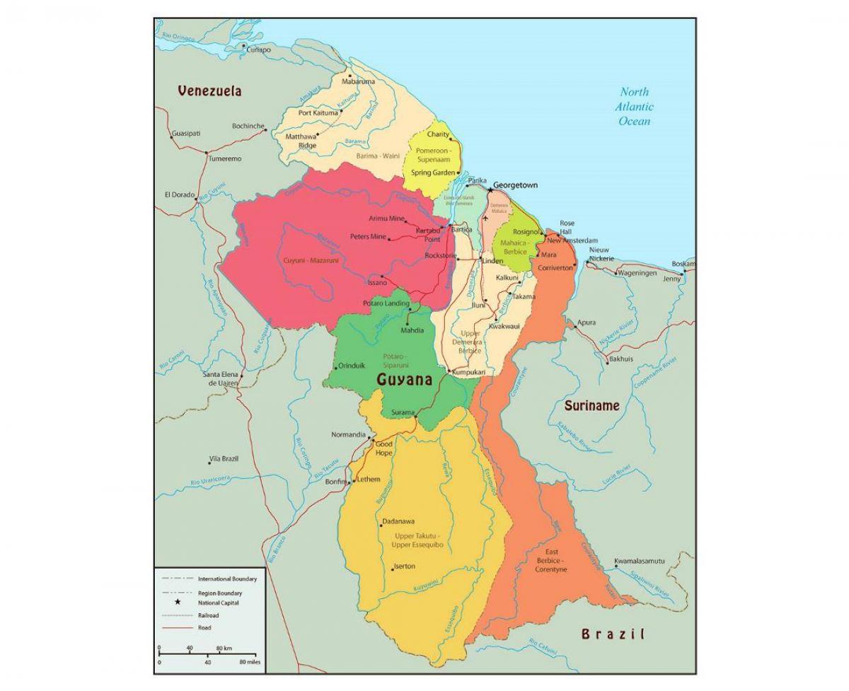 map of Guyana showing 10 administrative regions