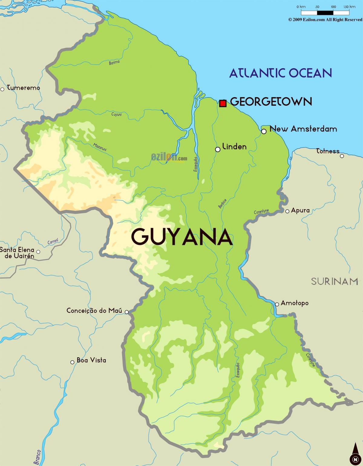 map of physical map of Guyana
